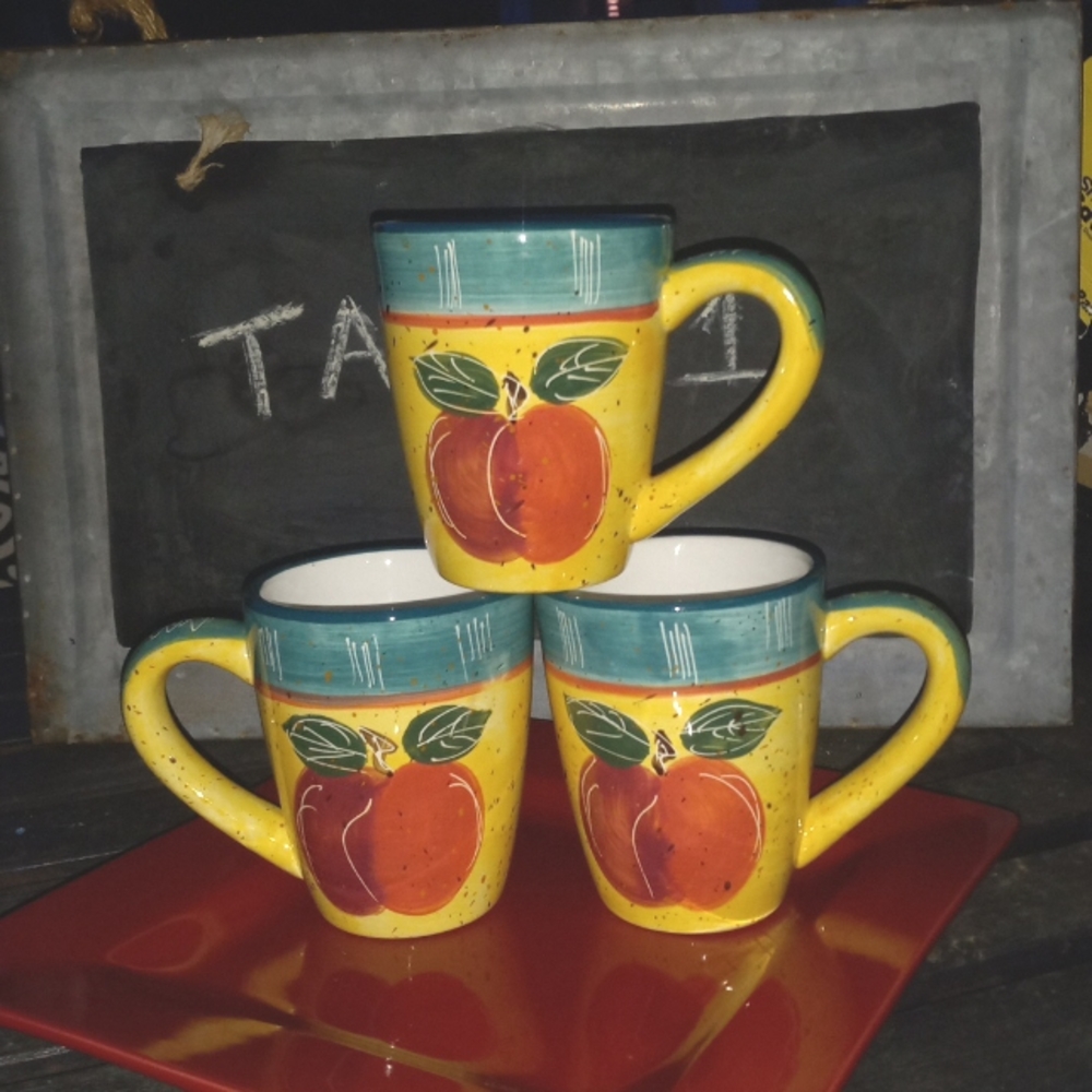 3 HAND PAINTED MUGS/PLATE